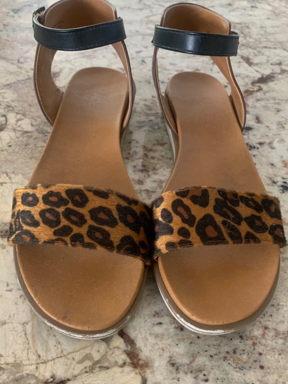 Calf Hair Leopard Sandals, Size 10M